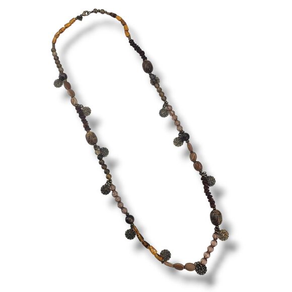 Cookie Lee Beaded Long Necklace Molded Acrylic Root Beer Taupe Brown Neutrals - Picture 8 of 10